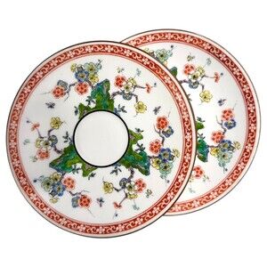 2 Wedgwood Ming Saucers 5” Asian Floral Chinoiserie Cherry Blossom Red Scroll